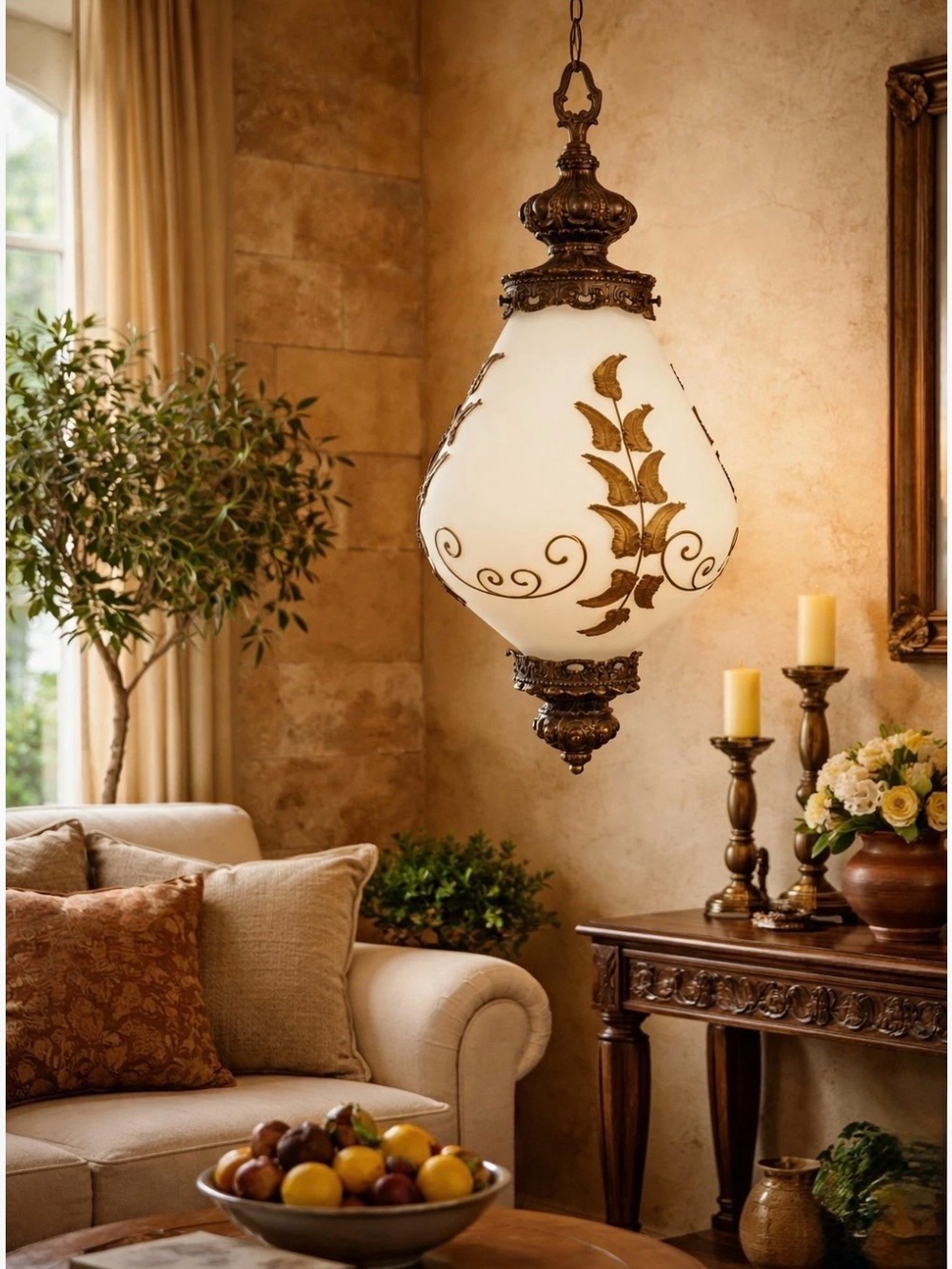 VTG Mid Century Hollywood Regency White/Gold Glass Swag Hanging Light 23” Floral